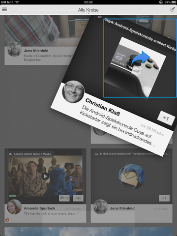 Mit zwei Fingern wird ein Posting mit anderen geteilt. (Screenshot: Andreas Donath)